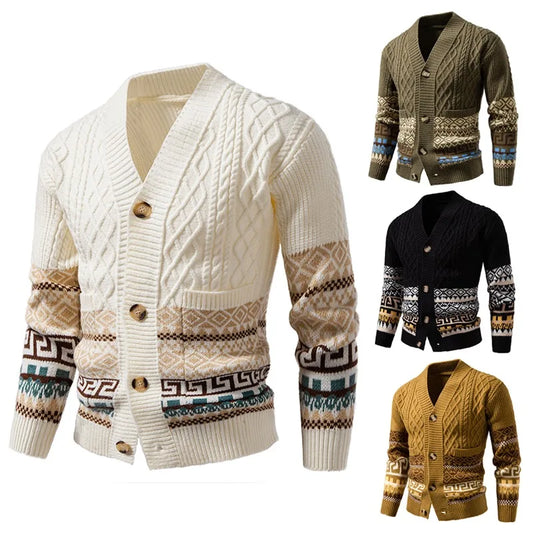Men's Cable Knit Fair Isle Geometric Striped Cardigan V Neck Button Front Pocket Long Sleeve Sweater Autumn Winter Casual