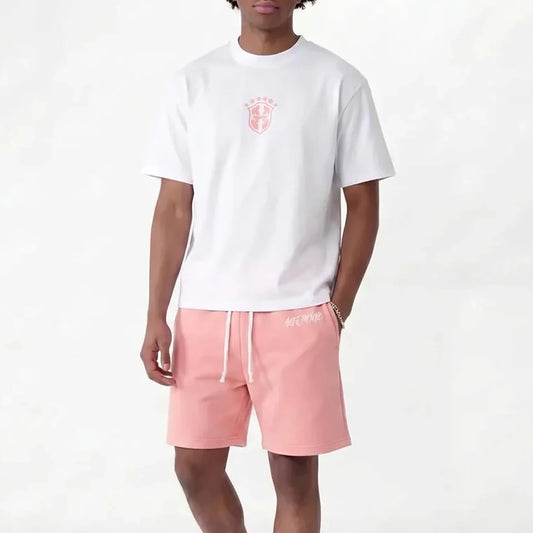 Summer new pink casual shorts straight through loose shorts printed round neck T-shirt set