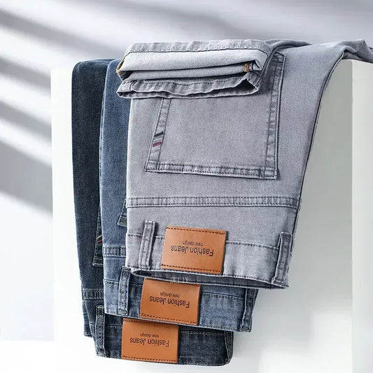2026 Brand Thin or Thick Material Straight Cotton Stretch Denim Men's  Business Casual High Waist Light Grey Blue Jeans