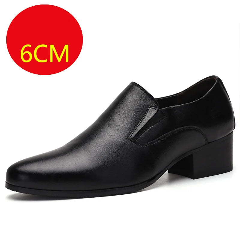 100% Genuine Leather Men Height Increasing Dress Shoes 6cm Fashion Business Brogues Brand Male Footwear Pure Black Monks D756
