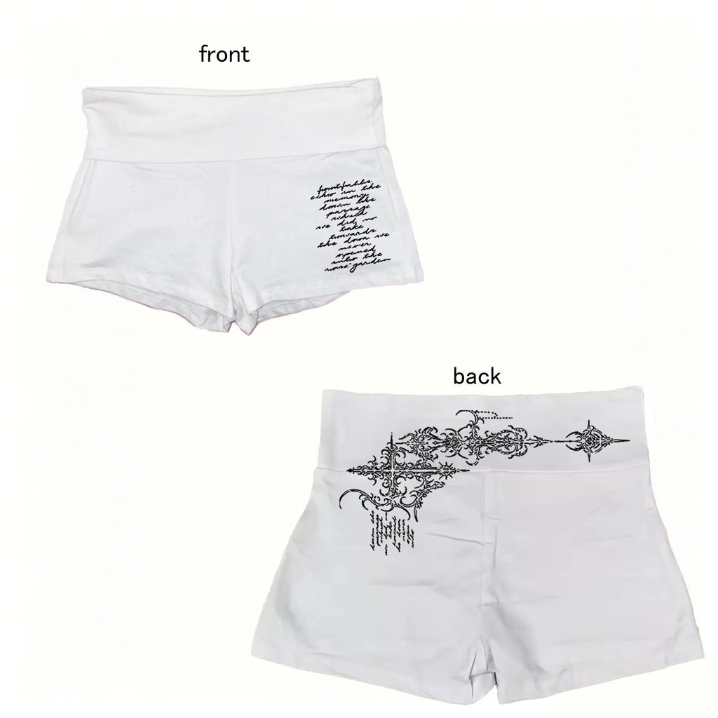 Women Y2K White High Waist Biker Shorts Front Letter Print Back Gothic Cross Stretch Skinny Summer Street Workout Mini Bottoms
