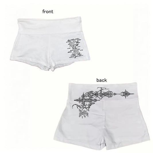 Women Y2K White High Waist Biker Shorts Front Letter Print Back Gothic Cross Stretch Skinny Summer Street Workout Mini Bottoms