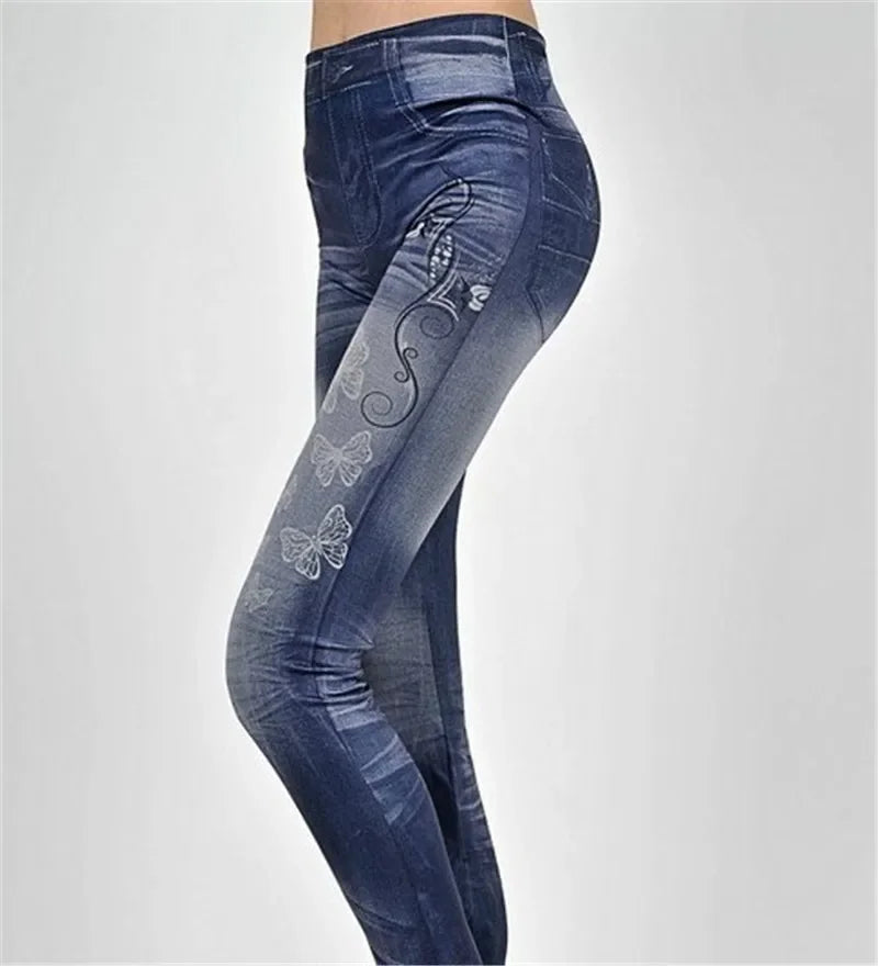 High Waist Faux Denim Jean Leggings Slim Elastic Seamless Skinny Pencil Pant Summer Female Workout Fashion Denim Jeans Leggings