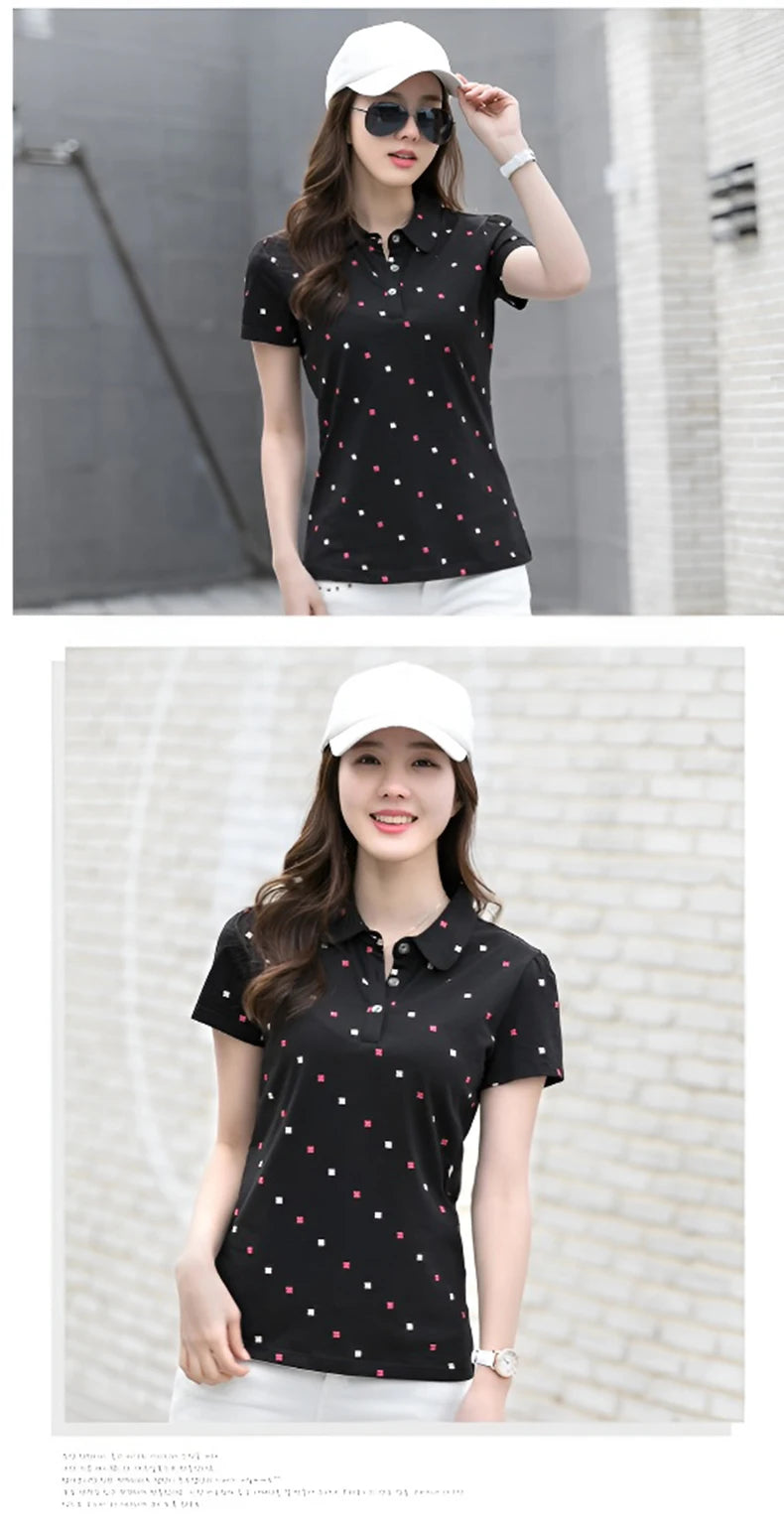 Women's Summer Cotton Shirt - Slim Fit Foldable Flip Collar Short Sleeve Printed Casual Top Trendy Button Design Fashion