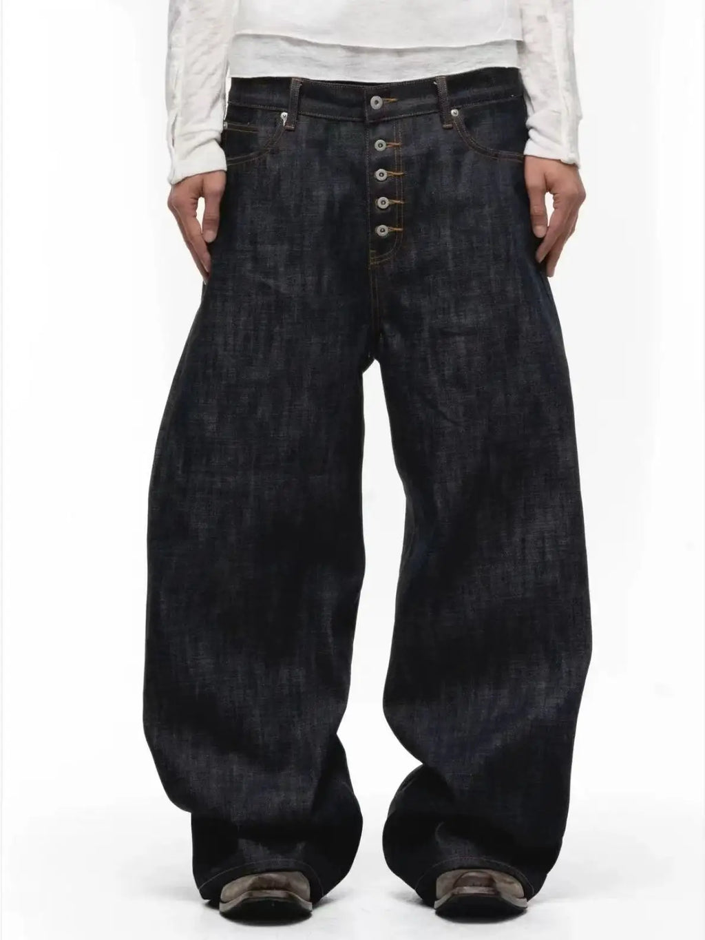 MWJLPWQ Button Design Machete Denim Baggy Jeans Men's High Street Edge Selvedge Niched Hiphop Loose Long Wide Leg Pants 12377