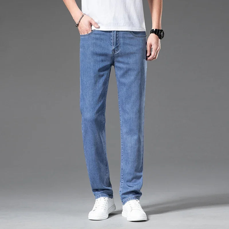 2026 Stretch Men's Fitted Straight Jeans Korean Youthful Vitality Spring Summer Thin Breathable Cotton  Lightweight Trousers