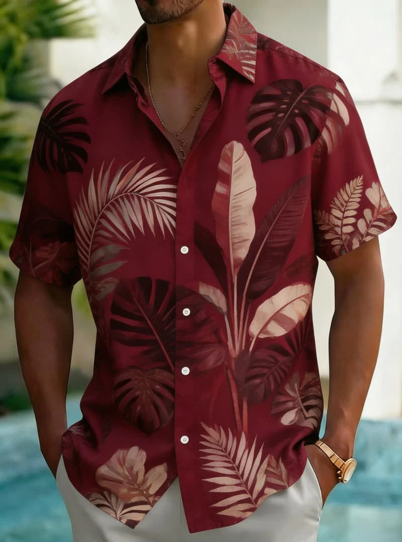 Men's  Tropical Plant Watercolor Print Shirt, Luxury Casual Design for Summer Vacation, Beachwear & Daily Style