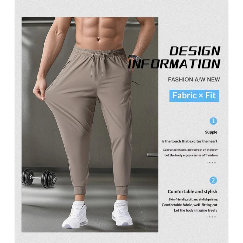 Men's Ice Silk Quick-Dry Pants Summer Lightweight Breathable Joggers with Zipper Pockets Elastic Waist Casual Sports Trousers Fo