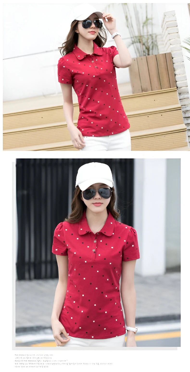 Women's Summer Cotton Shirt - Slim Fit Foldable Flip Collar Short Sleeve Printed Casual Top Trendy Button Design Fashion