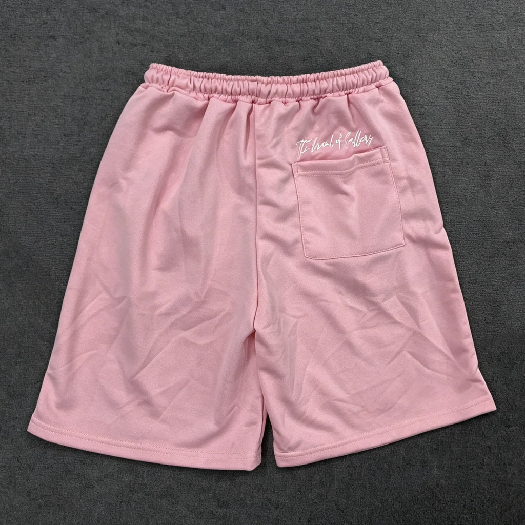 Summer new pink casual shorts straight through loose shorts printed round neck T-shirt set