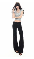 2026 New Ladies American Vintage Washed Micro Flare Denim Pants High Waist Slim Lazy Floor-Length Retro Street Long Jeans