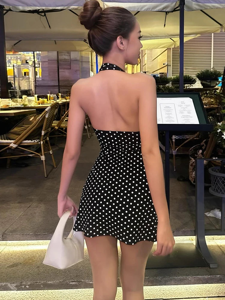 Nibber Low-Neck Sexy Backless Mini Dress Woman Summer Trend Polka Dot Print Halter Skinny Stretch Street Y2K Style Mini Bodycon