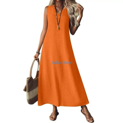 Q1FA Summer Dresses for Women Cotton Linen Maxi Dress Casual Sleeveless Long Sundress Vacation Outfits