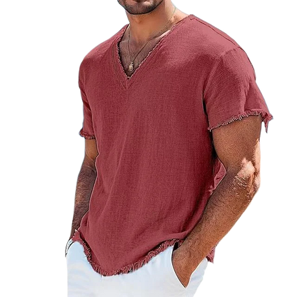 2026 Men's Summer Shirt Men's Retro V-Neck Cotton Linen Shirt Hawaii Casual Short Sleeve Beach Tops Outdoor Vacation Shirt