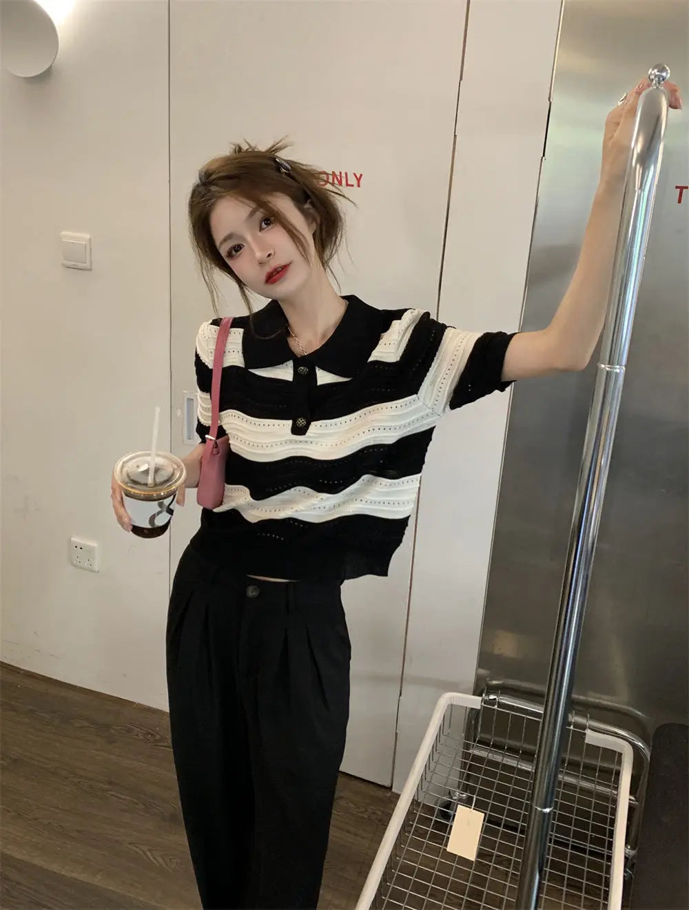 POLO Hollow Out Breathable Short Sleeve T Shirt Knit Striped Crop Top Aesthetic Clothing Summer Blouses For Women