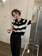 POLO Hollow Out Breathable Short Sleeve T Shirt Knit Striped Crop Top Aesthetic Clothing Summer Blouses For Women