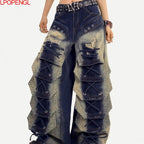 Fashionable Retro Embroidered Personalized Irregular High Waisted Jeans 2026 New Women Loose Oversized Streetwear Wide Leg Pants