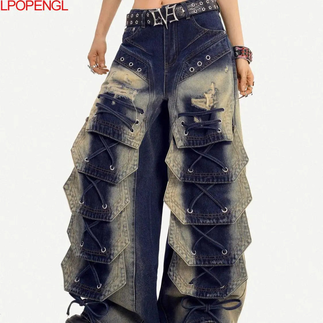 Fashionable Retro Embroidered Personalized Irregular High Waisted Jeans 2026 New Women Loose Oversized Streetwear Wide Leg Pants