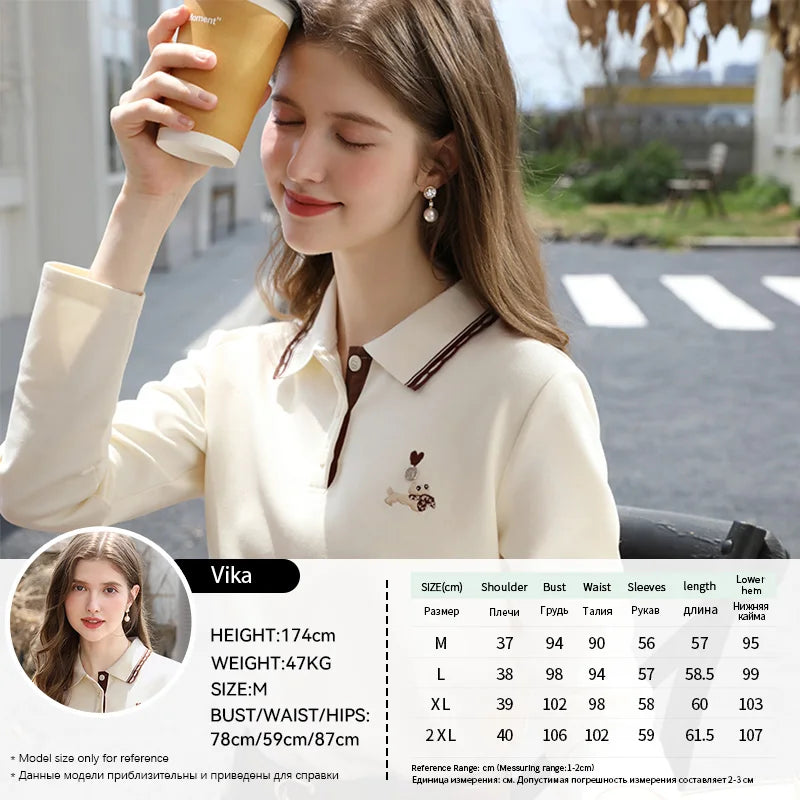 I BELIEVE YOU Polo Neck Long Sleeved T-shirt for Women Autumn 2025 Apricot Casual Tees Contrast Color Embroidery Top 2253016181