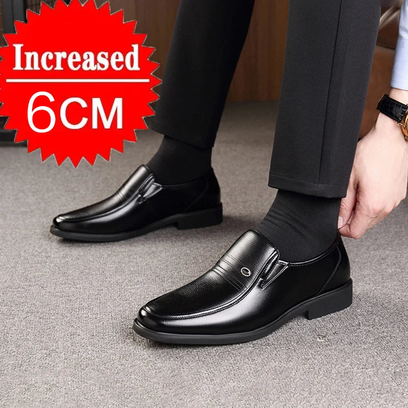 Men's Breathable Hollow Out Elevator Dress Leather Shoes Spring Summer 6cm Height Increase Business Slip-On Formal Office Shoes