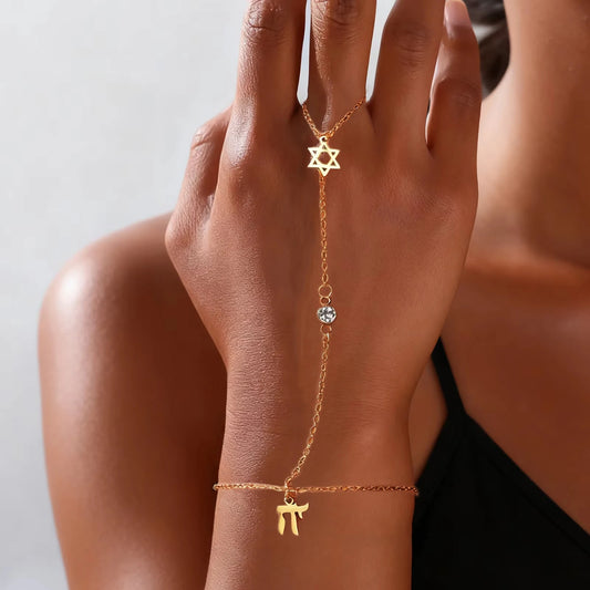 Jewish Star of David Hebrew Letter Chai Finger Bracelet Stainless Steel Adjustable Hexagram Zircon Bracelets Amulet Jewelry