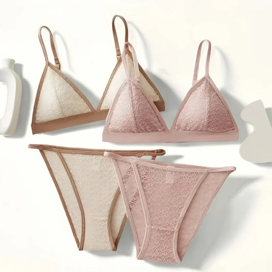Women French Lace Bra and Panties Set Non-wire Bralette Bra Low-Rise Briefs Sexy Lingerie Female Lace Underwear Set