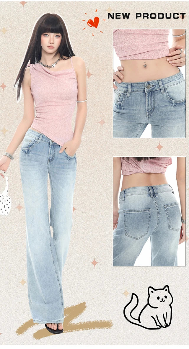 2026 New Ladies American Vintage Washed Micro Flare Denim Pants High Waist Slim Lazy Floor-Length Retro Street Long Jeans