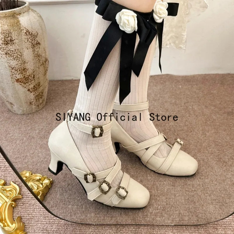 Sweet Lolita Cross Buckle Strap Women Mary Jane Shoes Fashion Multi Metal Buckle Shoes Retro Wedding Party Dress Ladies Pumps