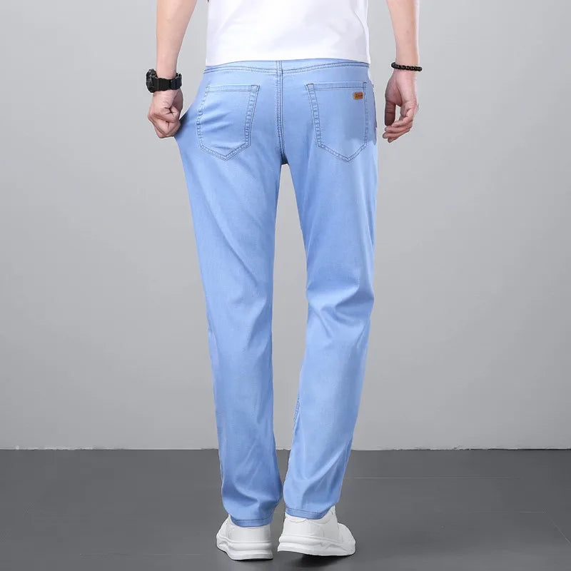 2026 Spring Summer 70% Lyocell Jeans Regular Fit Straight Ice Silk Style Business Casual Light Blue Stretch Cotton Denim