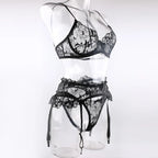 Krasapt Black Bow Embroidery See-Through Woman Lingerie 3Pcs Sexy Romantic Female Bra And Panty Garters Sets Exotic Onlyfans Kit