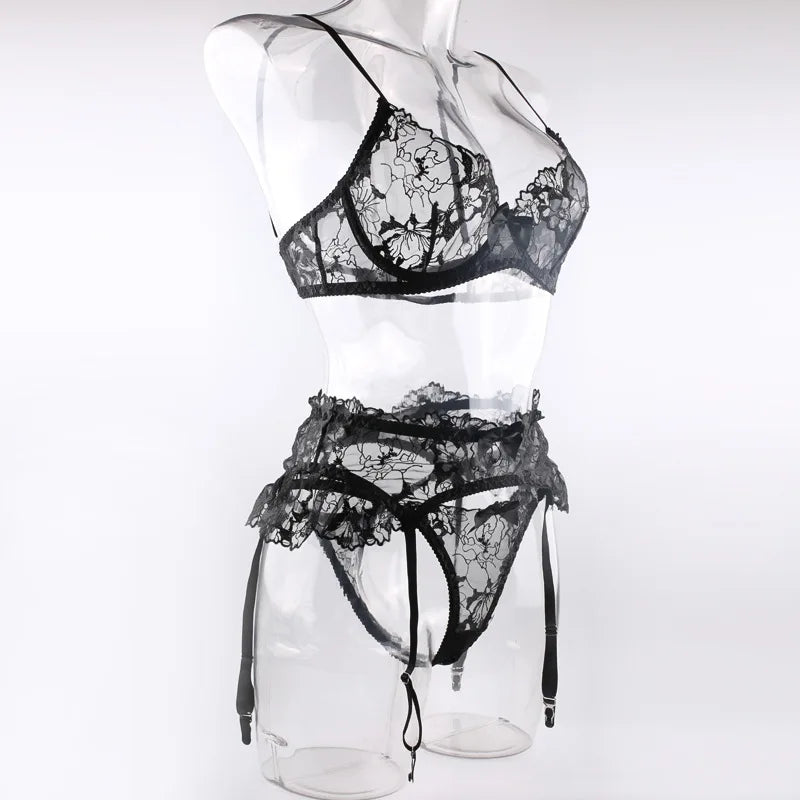 Krasapt Black Bow Embroidery See-Through Woman Lingerie 3Pcs Sexy Romantic Female Bra And Panty Garters Sets Exotic Onlyfans Kit