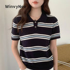 WinvyNee Summer Top Women's 100% Cotton Striped Polo T Shirt Women's Clothing Short Sleeve Casual Oversized Pullover A1522077