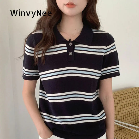 WinvyNee Summer Top Women's 100% Cotton Striped Polo T Shirt Women's Clothing Short Sleeve Casual Oversized Pullover A1522077