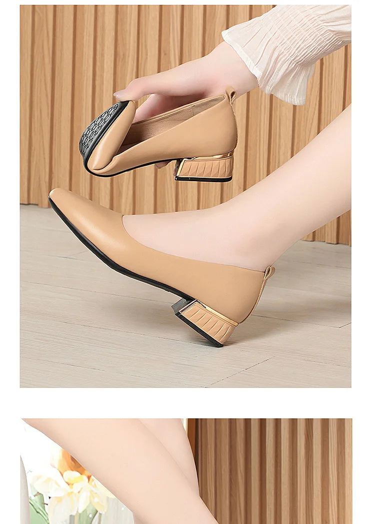 2026 Summer Women's Soft Leather Chunky Heel Pumps  Pointed Toe Low Heel Office Shoes White Work Dress Shoes Size 35-41