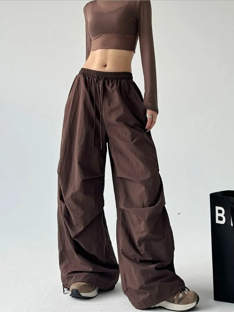 Y2k Hiking Straight Wide Pants Men Streetwear Cargo Paratrooper Pants Casual Brown Quick Dry Pocket Summer Travel Sport Trousers