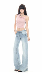 2026 New Ladies American Vintage Washed Micro Flare Denim Pants High Waist Slim Lazy Floor-Length Retro Street Long Jeans