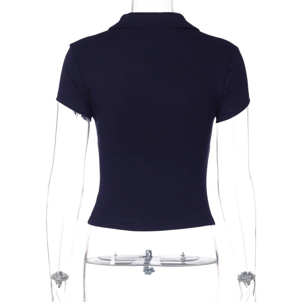 Hugcitar Women'S Fashion Short Sleeve Solid Polo Neck Buttons Sexy Crop T-Shirt Top Summer Female Clothes Streetwear Holiday