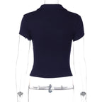 Hugcitar Women'S Fashion Short Sleeve Solid Polo Neck Buttons Sexy Crop T-Shirt Top Summer Female Clothes Streetwear Holiday