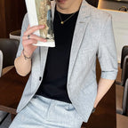 Men's Summer New Slim Fit 3/4 Sleeve Blazer Set Thin Seven-Point Sleeve Suit Outfit Casual Business Two-Piece Set