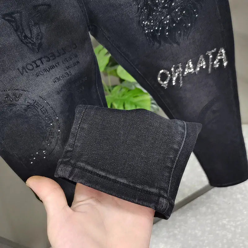 Hot-Stamped Rhinestone Men's Jeans, Trendy Brand, Stretchy Slim Fit, Embroidered and Printed Men's Trousers