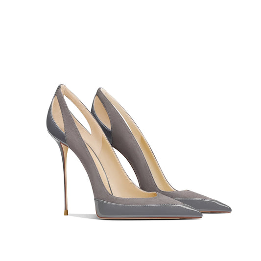 French style gray patent leather patchwork design with a sense of autumn new style pointed toe slim heel high heels for women
