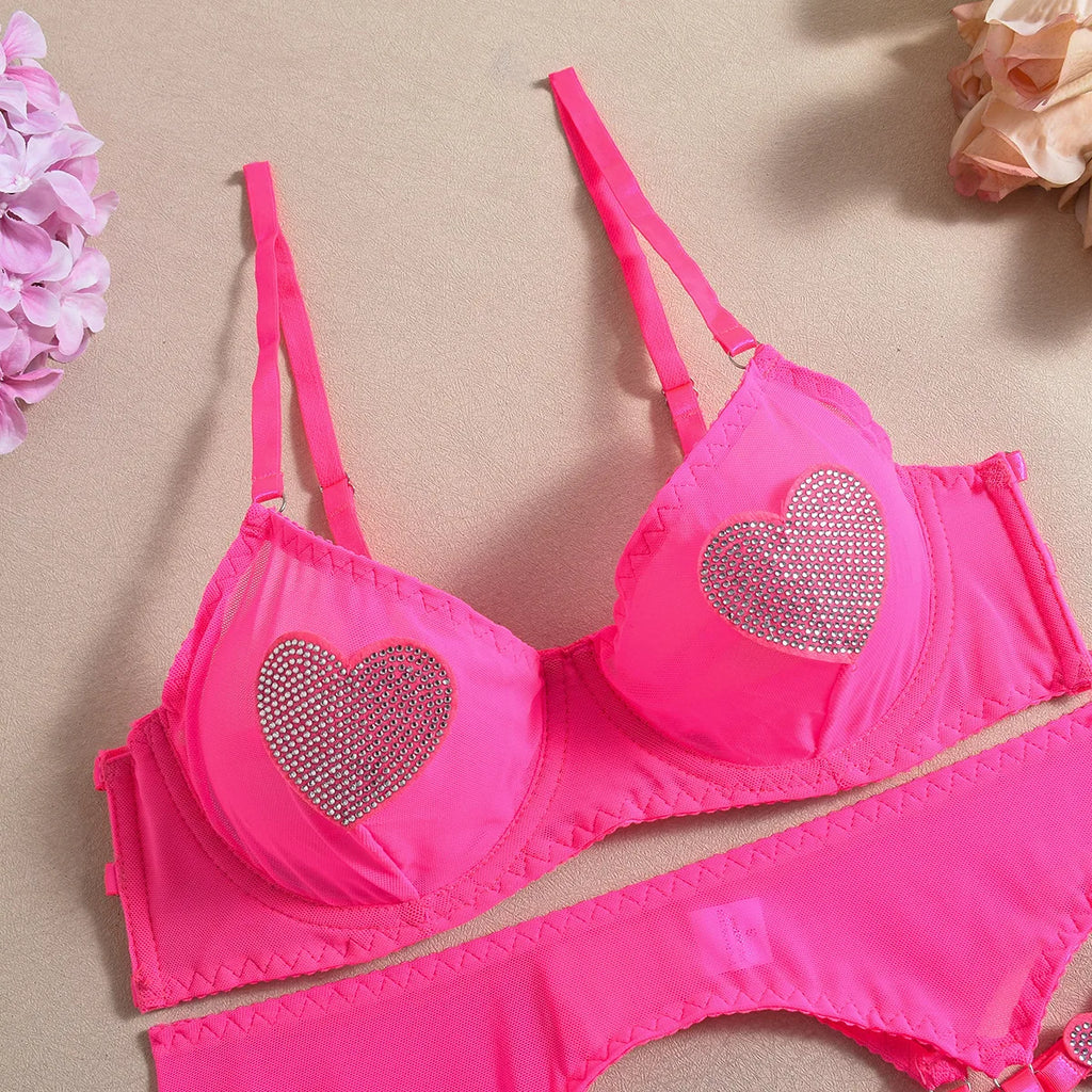 Ellolace Daring Women's Lingerie Sets Fancy Sexy Bra Belt Thong 3PC with Leg Circles Romantic Heart Rhinestone Women Underwear