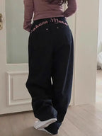 Women's Sweet Casual Full Length Baggy Denim Trouser Retro Emo Harajuku Loose Jeans Letter Embroidery High Waist Y2K 2000s Pants