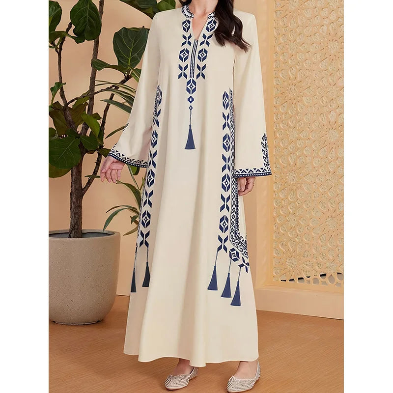 Fashion Muslim Women's Printed V-neck Robe 2025 Autumn V-neck Long Sleeve Arab Ethnic Style Printed Maxi Dress For Women Elegant