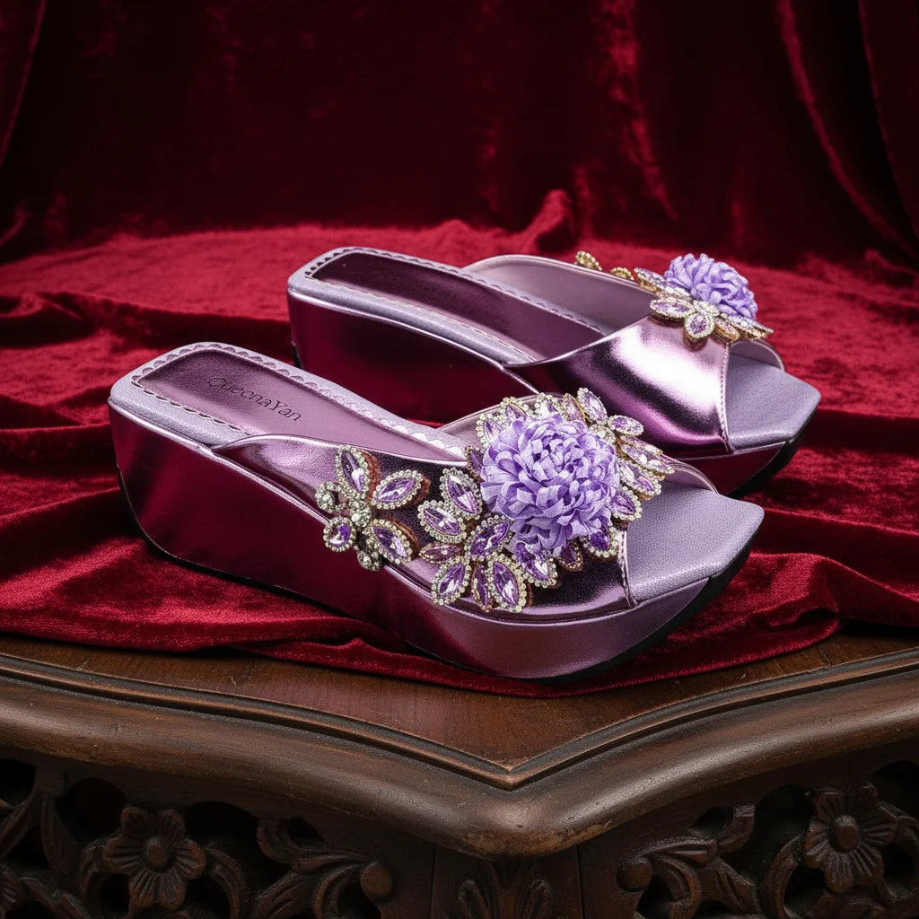 2026 Women's Elegant Green Wedge Heel Shoe and Matching Bag Set with Rhinestone Accents – Stylish Square Toe Design for Parties