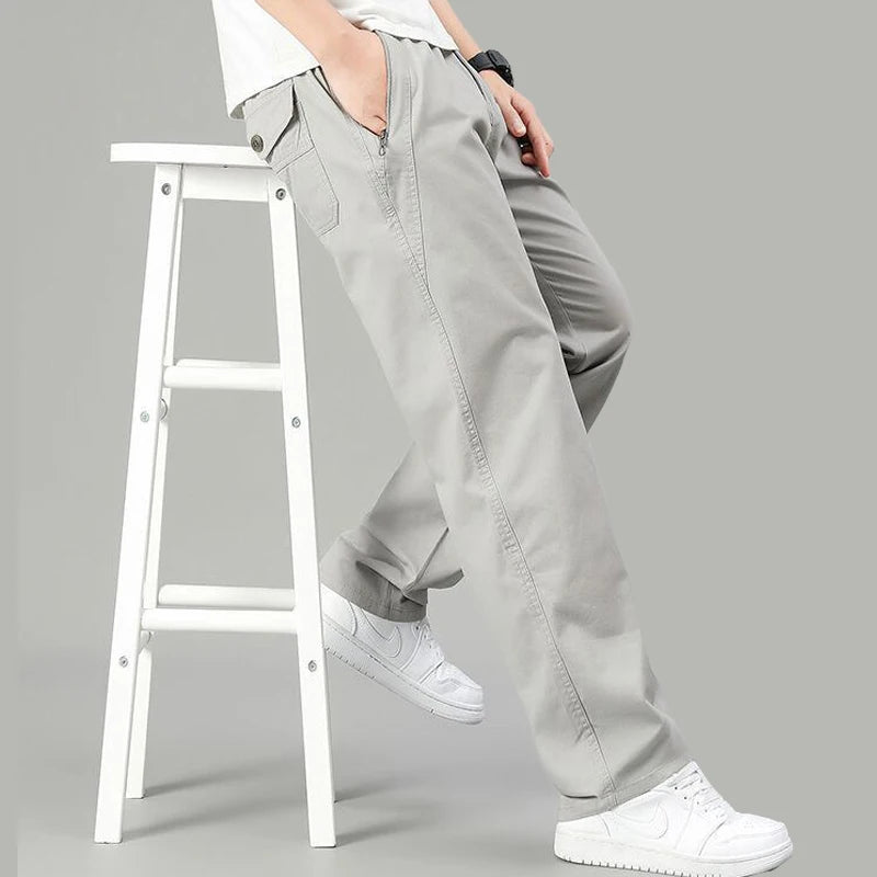 Mens Cotton Pants Spring Summer Sports Casual Pants Cargo Trousers Loose Fit with Zipper Pockets Big Size 5XL