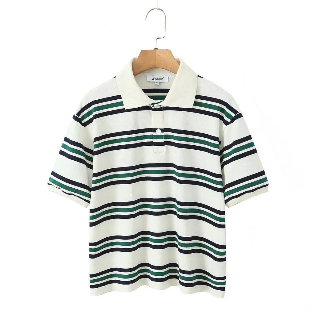 Summer Ladies Polo Shirts Woman Shorts Short Sleeve Brown Striped Vintage Clothes Polo Shirts Mujer Streetwear Crop Tops Casual