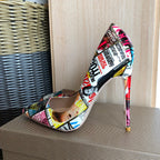 Veowalk Magazine Print Women Pointy Toe High Heel Shoes 80 100 120 Sexy Designer Stiletto Pumps for Party Big Size 43 44 45