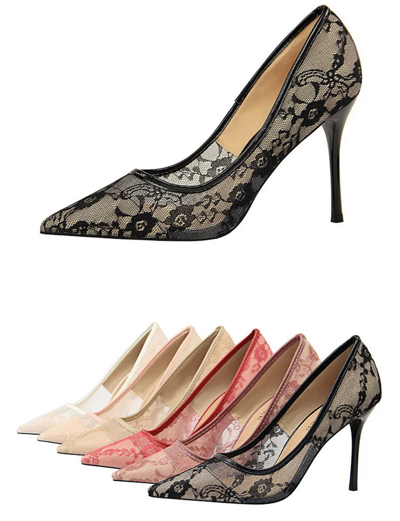2024 Black Flower Lace Mesh Pumps Women Pointed Toe Shallow Fashion Party Single Shoes Show Thin High Heel Office Shoes