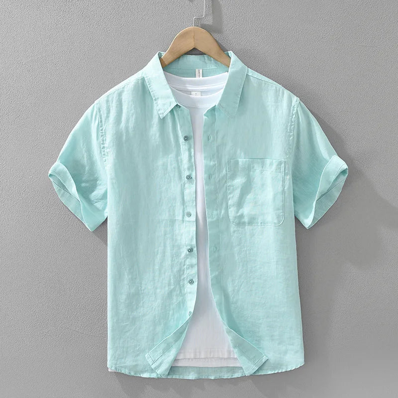 100% Linen Short Sleeve Shirt for Men Breathable Summer Casual Top Minimalist Loose Fit Button-Up Shirt  Natural Wrinkle Texture